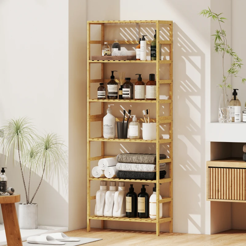 HOMCOM Estante de Bambu de 6 Níveis Prateleiras Ajustáveis para Espaços Pequenos Casa de Banho  Cozinha 60x26x161 cm Madeira