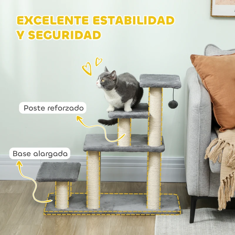 PawHut Escalera para Mascotas Ajustable de 3/4 Peldaños Escalera para Gatos con Postes Rascadores Bola Colgante Gris