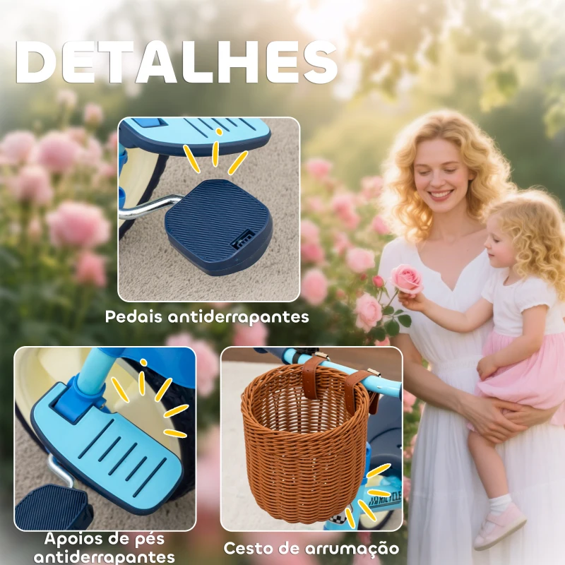 AIYAPLAY Triciclo para Bebés 2 em 1 Triciclo Evolutivo para Crianças com Barra Parental Ajustável Apoio para Pés Rebatível e Cesto 93,5x47x96 cm Azul
