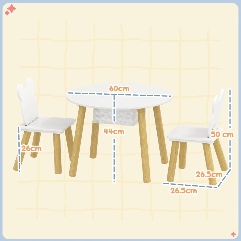 AIYAPLAY Set tavolo rotondo e 2 sedie per bambini, schienale a forma di orsetto, 3-6 anni, Bianco