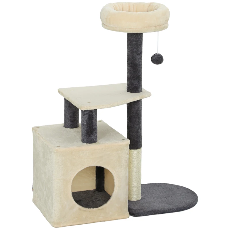 PawHut Kratzbaum für Katzen 92 cm hoch mit Häuschen, Körbchen, Sisalstangen und Ball, Cremeweiß