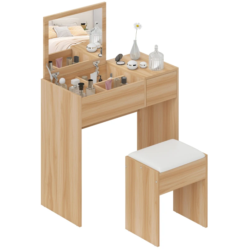 HOMCOM Dressing Table with Flip-Up Mirror and Cushioned Stool, Makeup Vanity Desk with Hidden Compartments and Storage Drawer, Convertible Writing Table for Bedroom, Natural
