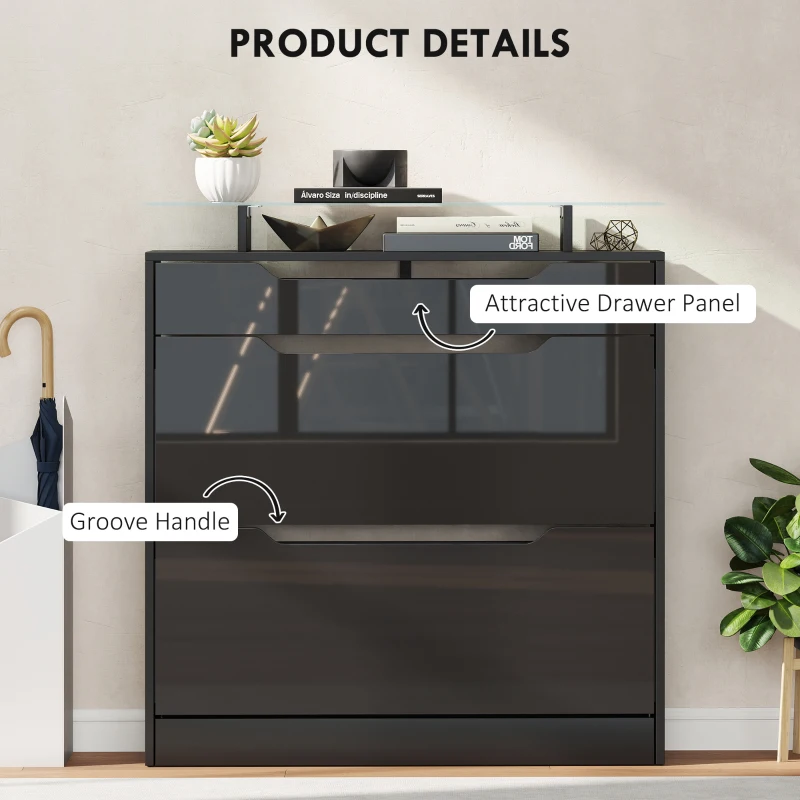 HOMCOM Shoe Storage Cabinet with Slide Out Drawer, 2 Flip Doors, Tempered Glass Top - Black