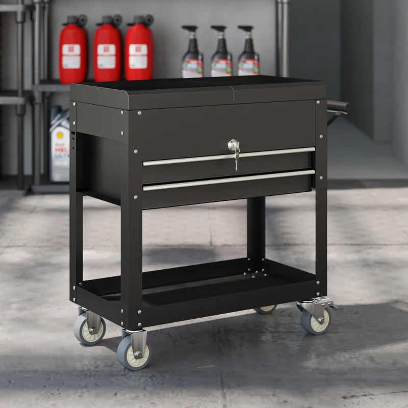 HOMCOM Carrello da officina, su rotelle con piano scorrevole, cassetti bloccabili, 130x38x80cm, Nero