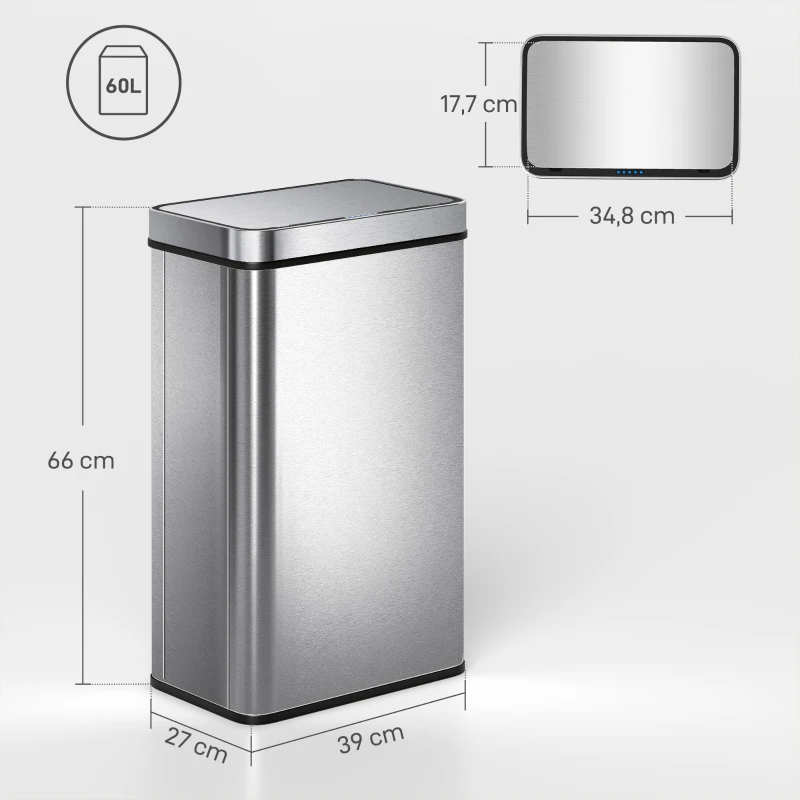 HOMCOM 60 L sensorprullenbak, automatisch deksel, roestvrij staal, veelzijdig inzetbaar, zilverkleurig(m-3)