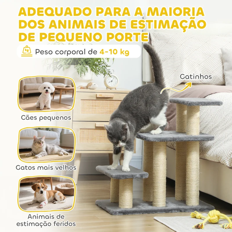 PawHut Escada para Gatos de 3 Degraus Altura Ajustável com Postes para Arranhar e Bola Pendurada Carga 10 kg 52x34,5x54 cm Cinzento