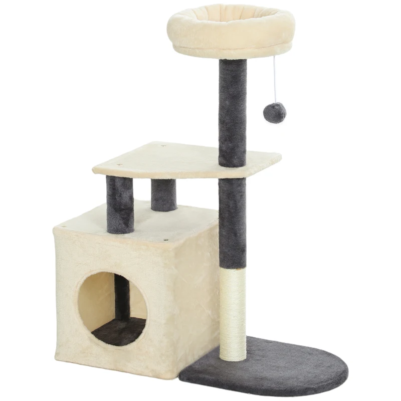 PawHut Arbre à Griffer pour Chats Haut 92 cm avec Maisonnette, Couchage, Poteaux en Sisal et Balle, Blanc Crème
