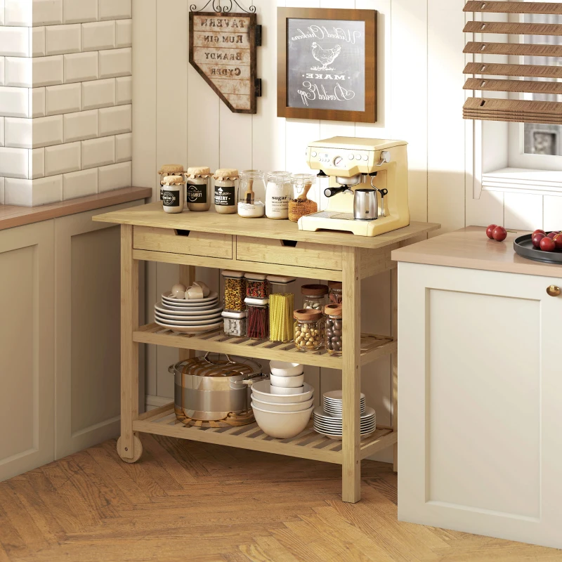 HOMCOM Carrello Cucina in Legno di Bambù con 2 Cassetti, 2 Ripiani a Doghe e 2 Rotelle, 100x43x75 cm, Legno