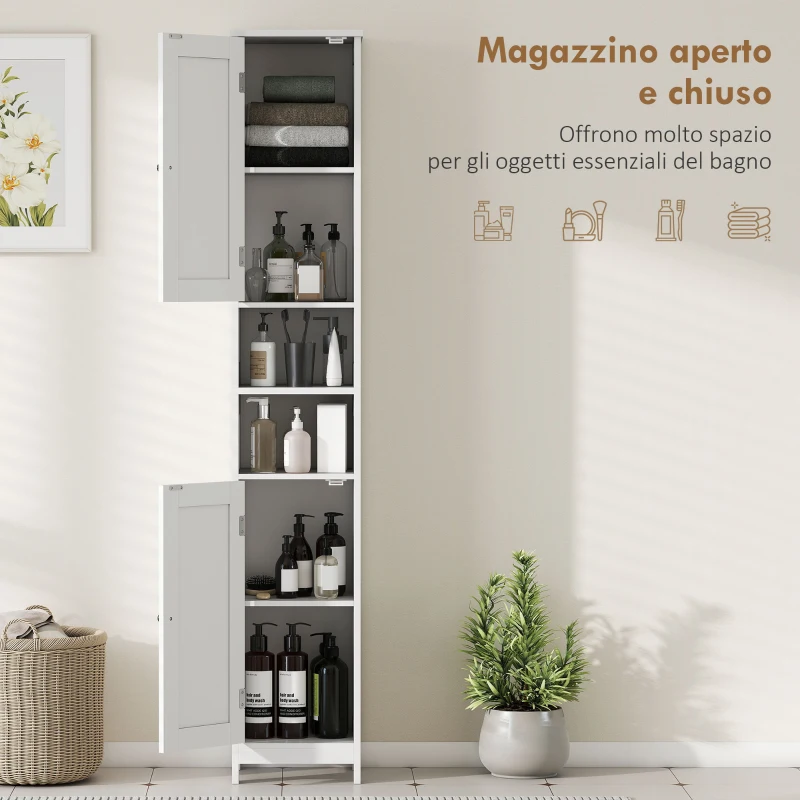 HOMCOM Mobile Alto Bagno con 2 Ripiani Aperti e 2 Armadietti con Scaffali Regolabili, in Legno, 30x30x170 cm, Bianco