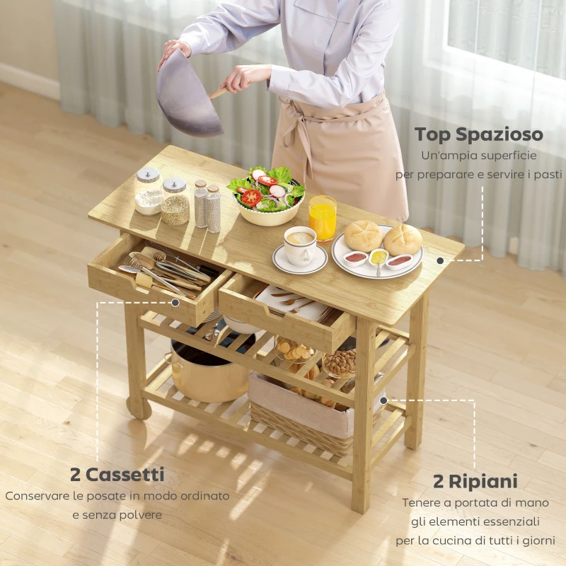 HOMCOM Carrello Cucina in Legno di Bambù con 2 Cassetti, 2 Ripiani a Doghe e 2 Rotelle, 100x43x75 cm, Legno