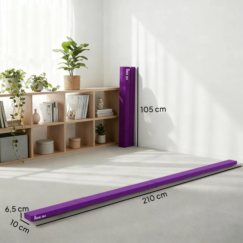 HOMCOM Opvouwbare Evenwichtsbalk, Antislip, Suède Bekleding, Stevig Hout, 210 x 10 x 6,5 cm, Paars