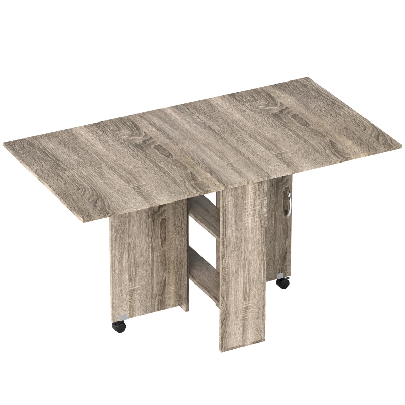 HOMCOM Folding Dining Table, Drop Leaf Table with 2-Tier Shelves, Rolling Casters, for Small Spaces, Kitchen, Grey