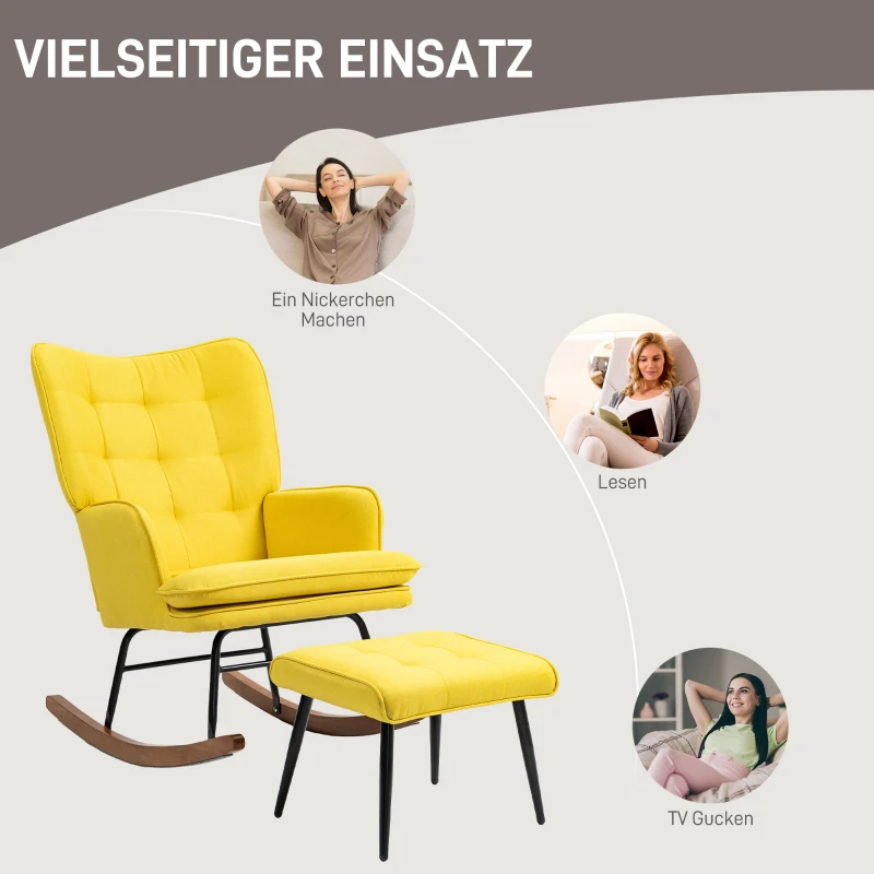 HOMCOM Schaukelstuhl mit Ottomane Skandidesign Schaukelstuhl mit Fußhocker, Buchenholz, Steppung, 64 cm x 89 cm x 90 cm Gelb