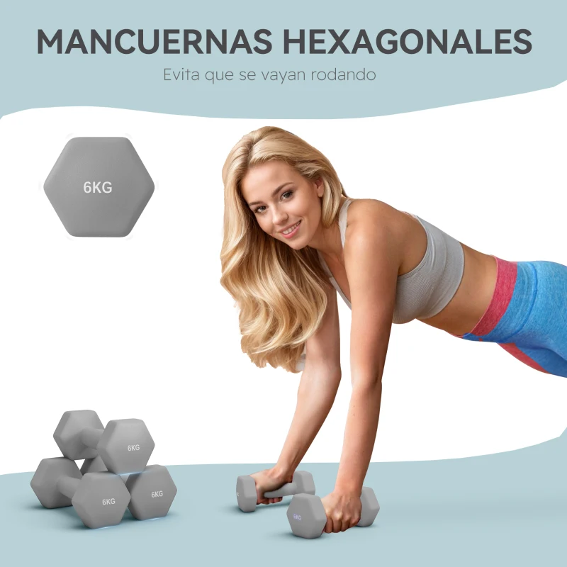 SPORTNOW Juego de 2 Mancuernas Hexagonales de 2 x 6 kg de Metal Recubiertas en Plástico para Entrenamiento en Casa Gimnasio Gris