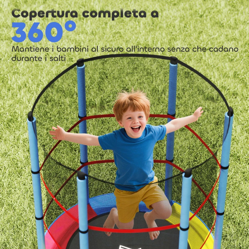 HOMCOM Tappeto Elastico per Bambini 3-6 Anni con Rete di Protezione, 6 Colonne e 3 Ingressi, Ø140x190 cm, Multicolore