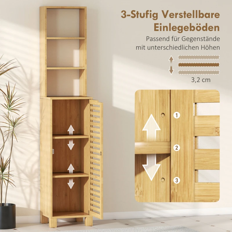 HOMCOM Badezimmerschrank schmal, Hochschrank mit 3 offenen Regalen, verstellbaren Regalen, Lamellentür, 34 x 30 x 170 cm Natur
