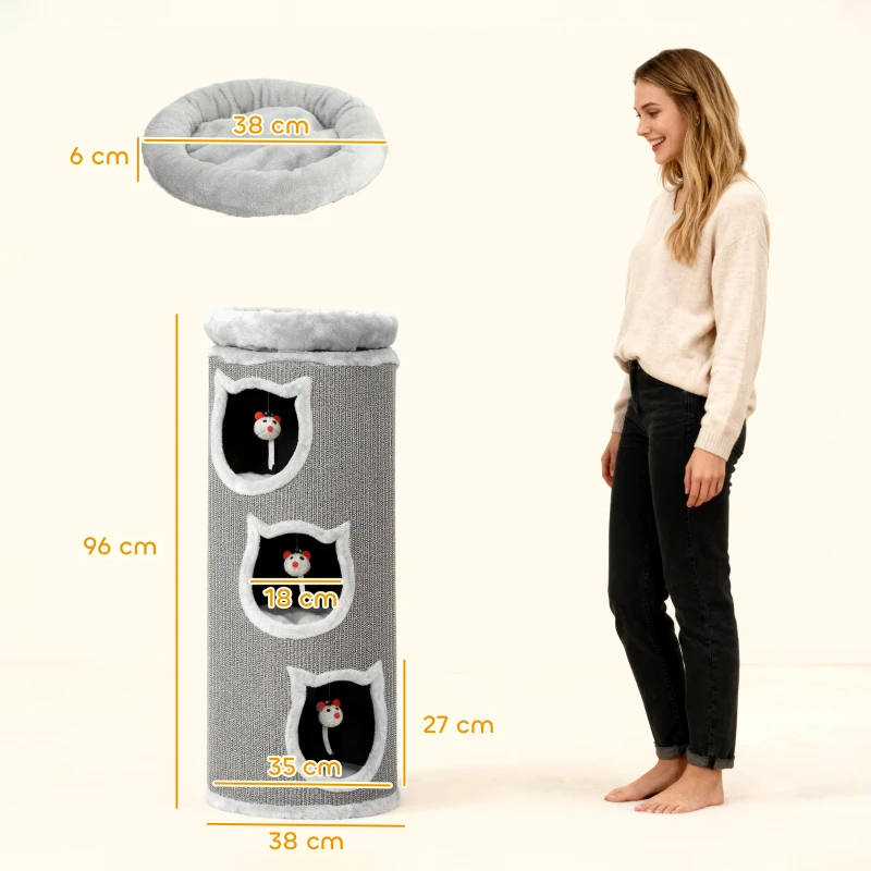 PawHut Kattenkrabton, 96 cm, 4-laags kattentoren met wasbaar bed, 3 slaapgaten, hangend speelgoed, voor meerdere katten Grijs