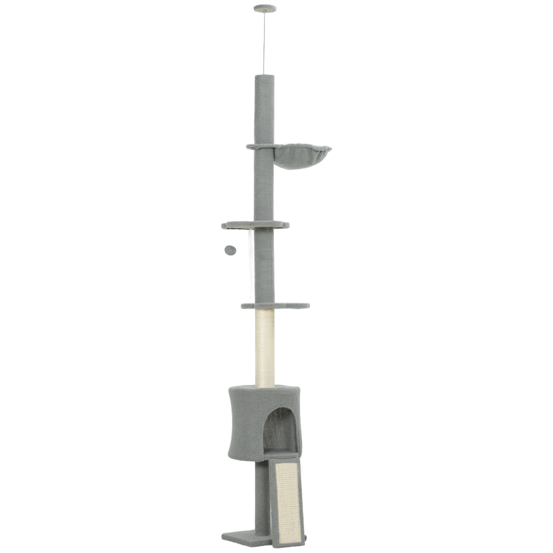 PawHut Arranhador para Gatos de Chão a Teto com Altura Ajustável de 220-240 cm Rede Plataformas em Flor Cavernas Rampa e Bola Cinza