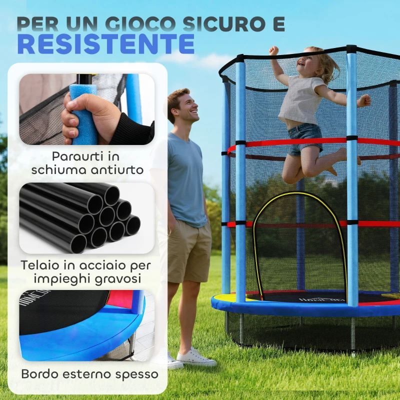 HOMCOM Tappeto Elastico per Bambini 3-6 Anni con Rete di Protezione, 6 Colonne e 3 Ingressi, Ø140x190 cm, Multicolore