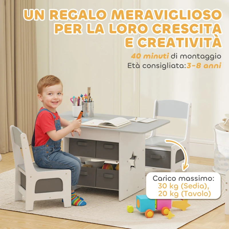 AIYAPLAY Set Tavolo e Sedie per Bambini 3-8 Anni con 6 Cassetti e Bordi Arrotondati, in Legno e Tessuto, Grigio e Bianco
