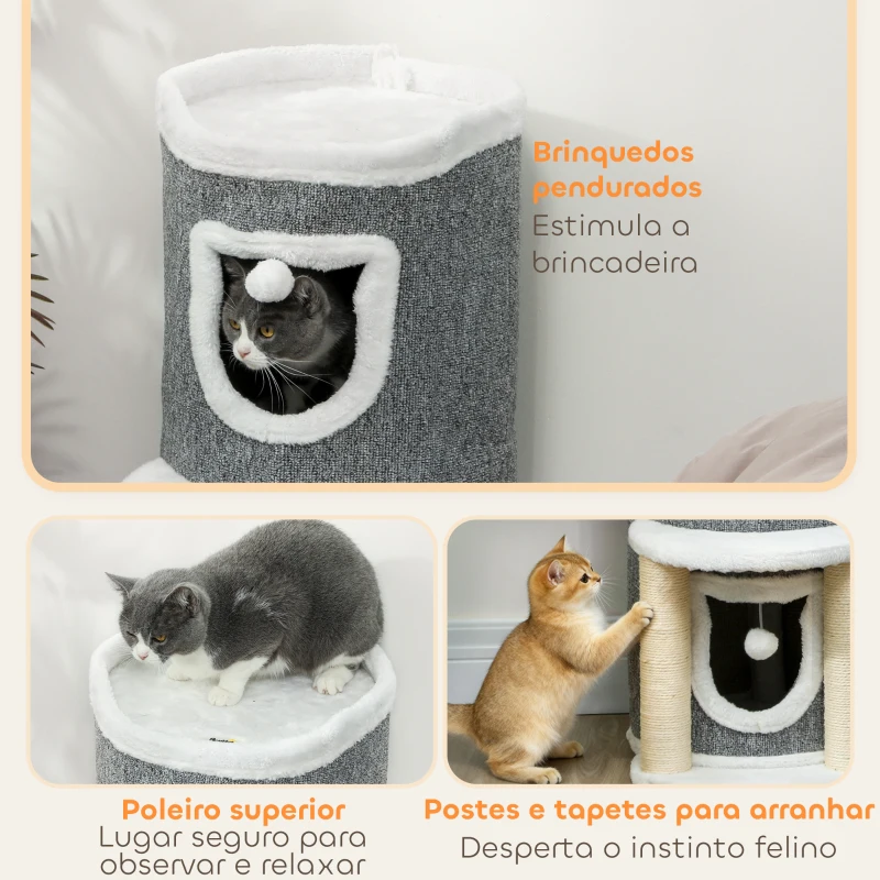 PawHut Arranhador para Gatos com Cama 2 Cavernas Postes de Sisal Tapete de Arranhar e Bolas para Brincar 50x36x76 cm Cinzento