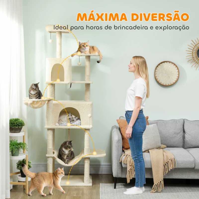 PawHut Arranhador para Gatos com Plataformas Plataformas Caverna Postes de Sisal Bolas e Corda para Brincar 60x48x202 cm Bege