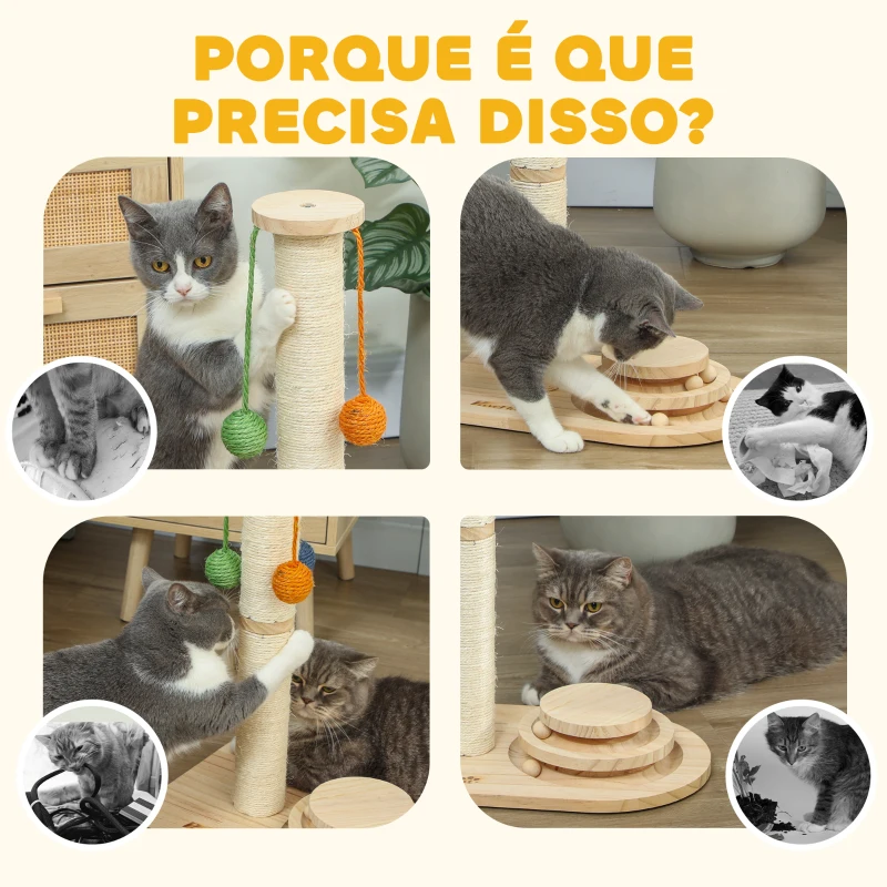 PawHut Poste Arranhador para Gatos com 3 Bolas Suspensas Brinquedo de Bola de Pista e Poste de Sisal 40x26x56,5 cm Madeira