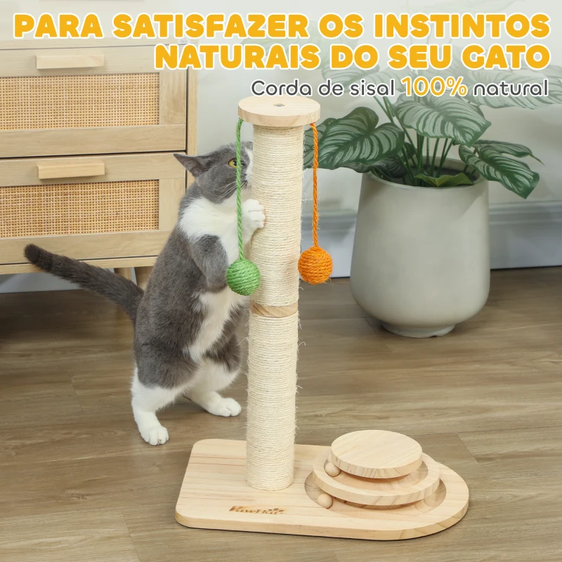 PawHut Poste Arranhador para Gatos com 3 Bolas Suspensas Brinquedo de Bola de Pista e Poste de Sisal 40x26x56,5 cm Madeira