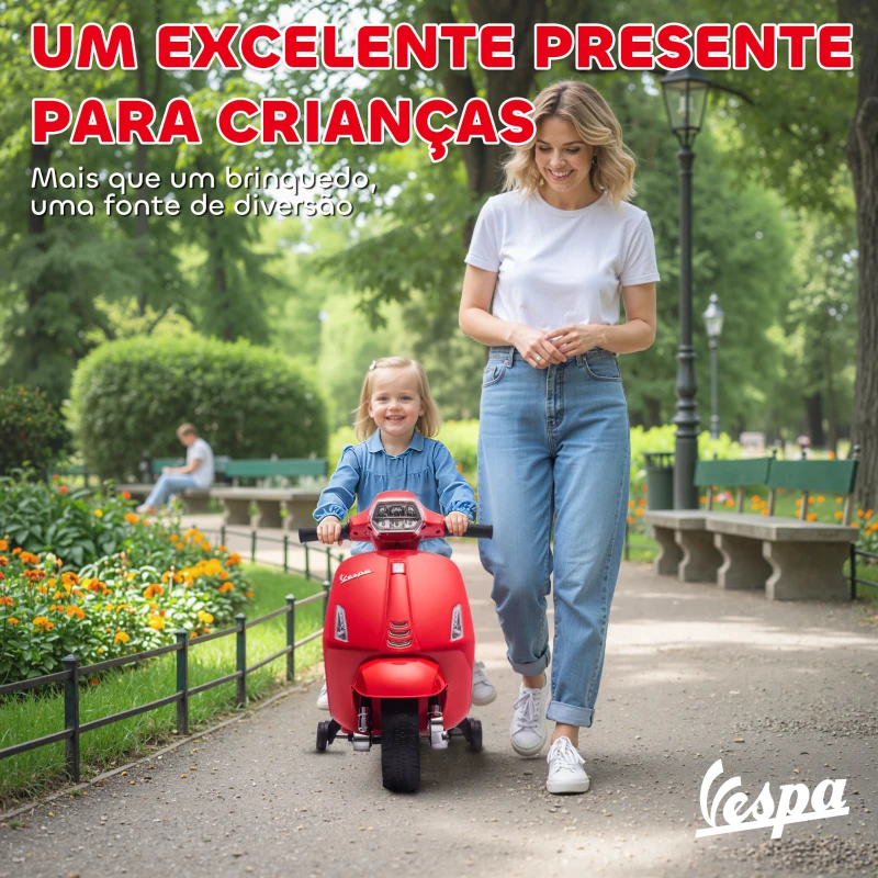 AIYAPLAY Mota Elétrica para Crianças 6V com Licença Vespa Rodas Auxiliares Velocidade de 2,5km/h Farol e Buzina 71x37x52 cm Vermelho