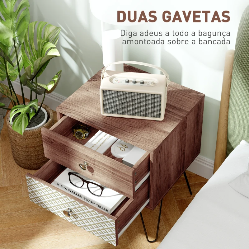HOMCOM Mesa de Cabeceira com 2 Gavetas Pés de Aço Estilo Boémio Mesa de Cabeceira para Quarto Sala de Estar 45x39x55,5 cm Marrom