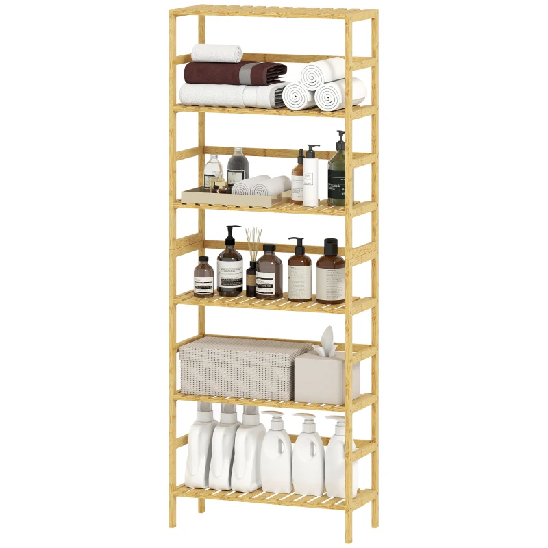 HOMCOM Estante de Bambu de 6 Níveis Prateleiras Ajustáveis para Espaços Pequenos Casa de Banho  Cozinha 60x26x161 cm Madeira