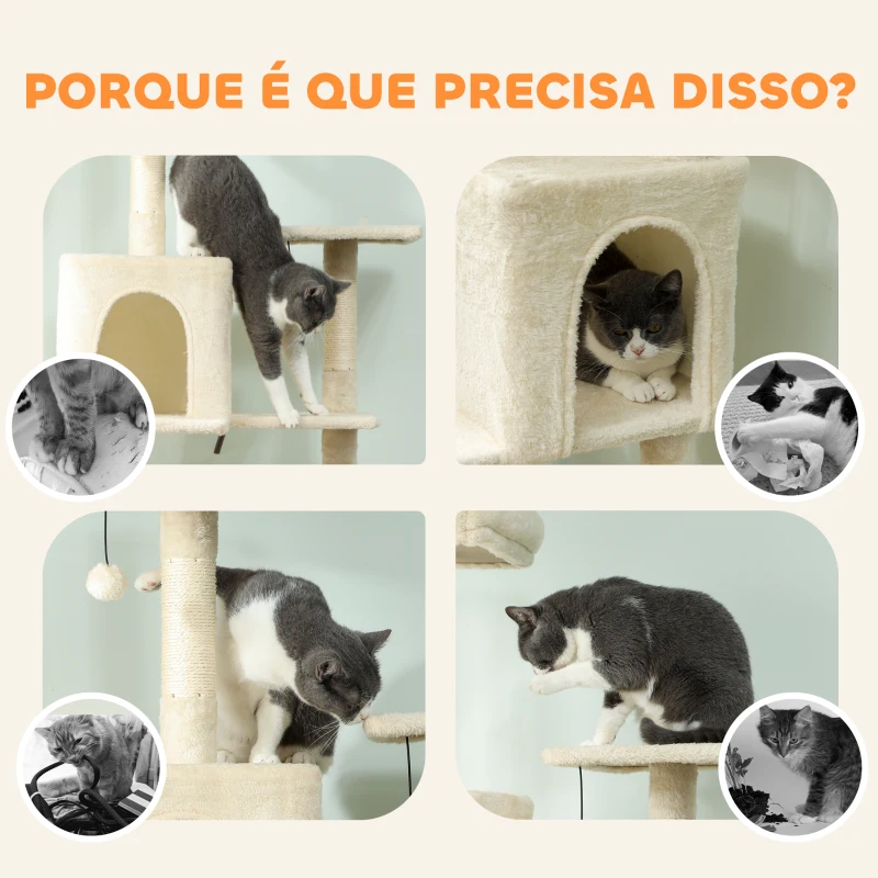 PawHut Arranhador para Gatos com Plataformas Plataformas Caverna Postes de Sisal Bolas e Corda para Brincar 60x48x202 cm Bege