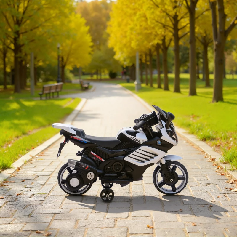 AIYAPLAY 6V Elektro-Motorrad für Kinder mit abnehmbaren Stützrädern, Scheinwerfern und Musik, Alter 18-36 Monate, Weiß