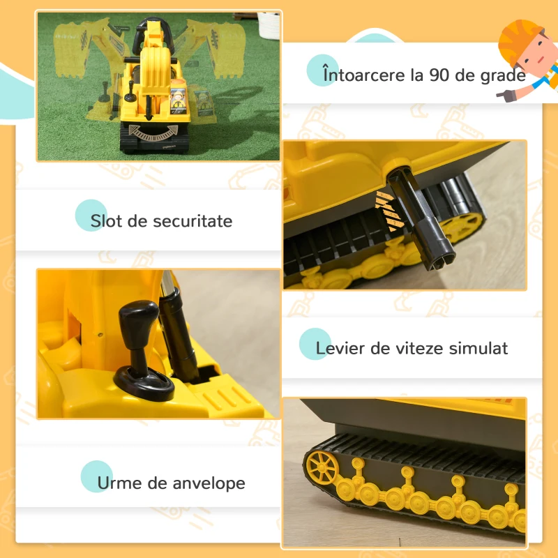 HOMCOM excavator de jucarie pentru copii, 78x24x58,5cm, galben