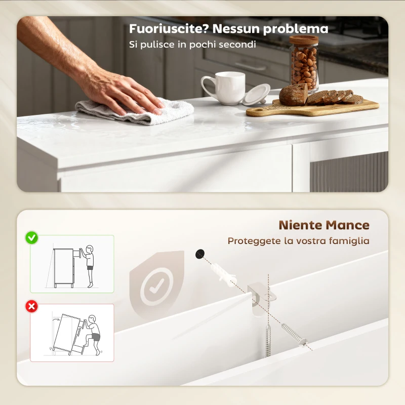 HOMCOM Credenza Buffet in Legno con 4 Cassetti e Armadietto con Ante in Vetro e Ripiani Regolabili, 120x40x91 cm, Bianco