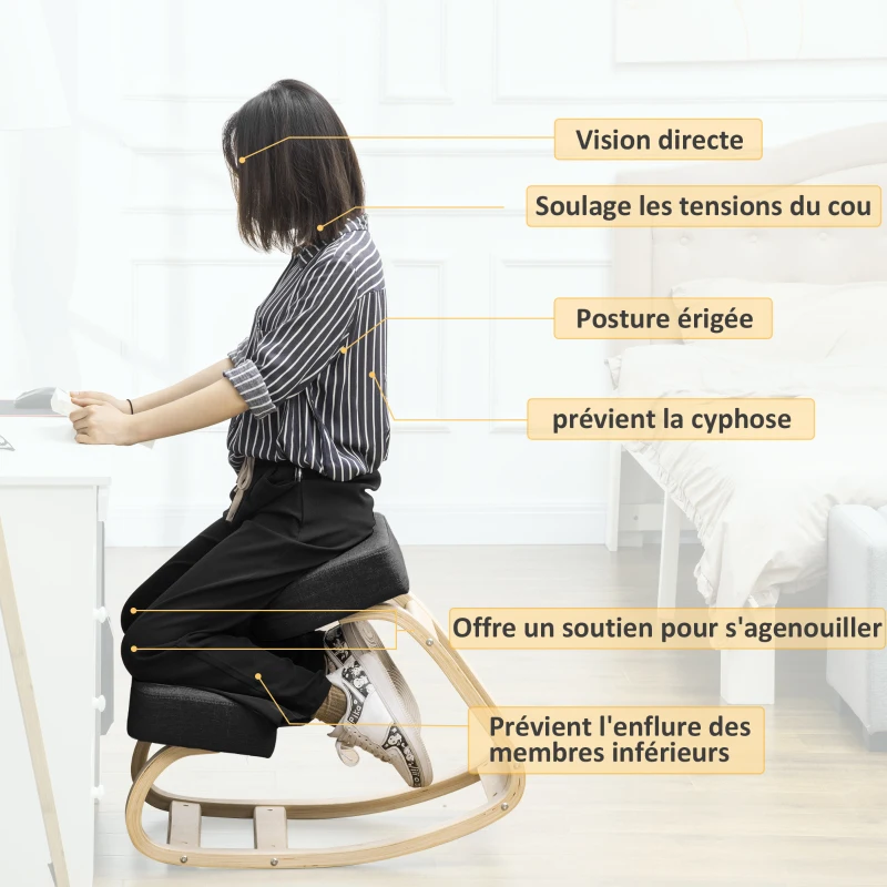 Vinsetto Siège assis-genoux ergonomique chaise à genoux coussin confortable à bascule en tissu et bois