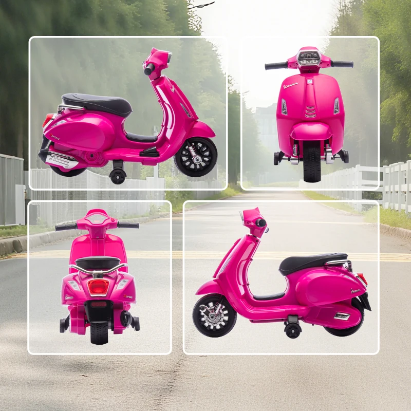 AIYAPLAY Mota Elétrica para Crianças 6V com Licença Vespa Rodas Auxiliares Velocidade de 2,5km/h Farol e Buzina 71x37x52 cm Rosa