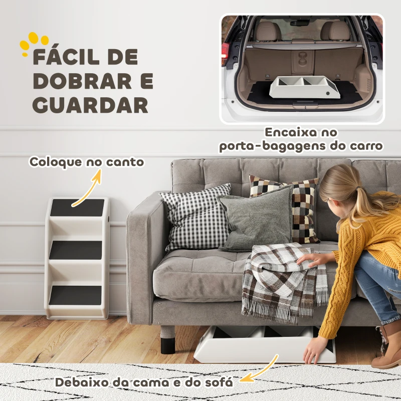 PawHut Escada Dobrável para Cães de 3 Degraus para Animais Mais Velhos para Cama Sofá 53x30,5x36,5 cm  Creme
