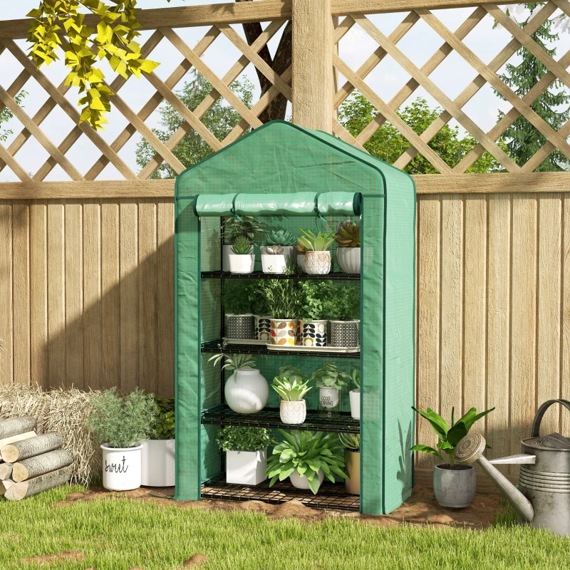 Outsunny Serra da Giardino o Balcone con 4 Ripiani, Acciaio Zincato, Telone Rimovibile PE ad Alta Densità, 90L x 49l x 160H cm, Verde