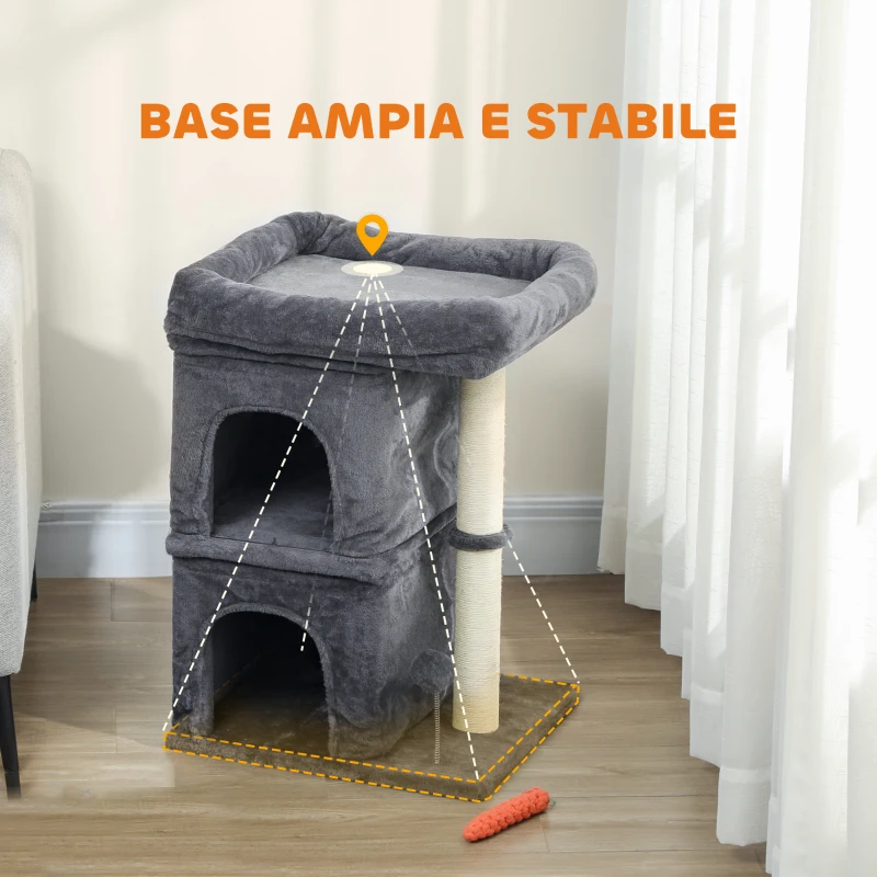 PawHut Arranhador para Gatos com Cama 2 Cavernas Poste de Sisal e Bola para Brincar 45x40x66 cm Cinzento Escuro