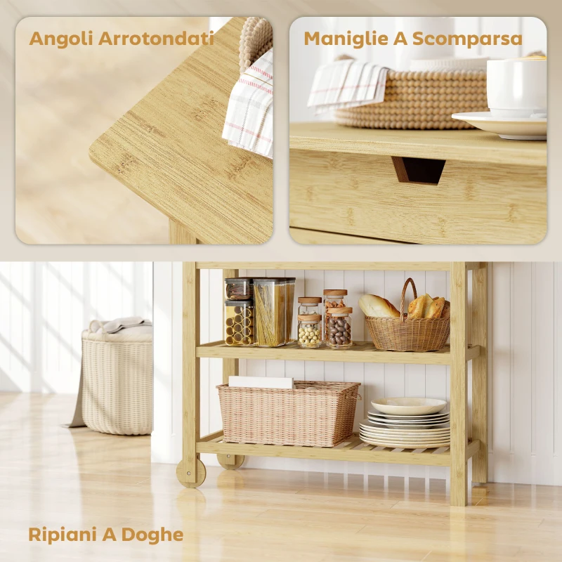 HOMCOM Carrello Cucina in Legno di Bambù con 2 Cassetti, 2 Ripiani a Doghe e 2 Rotelle, 100x43x75 cm, Legno