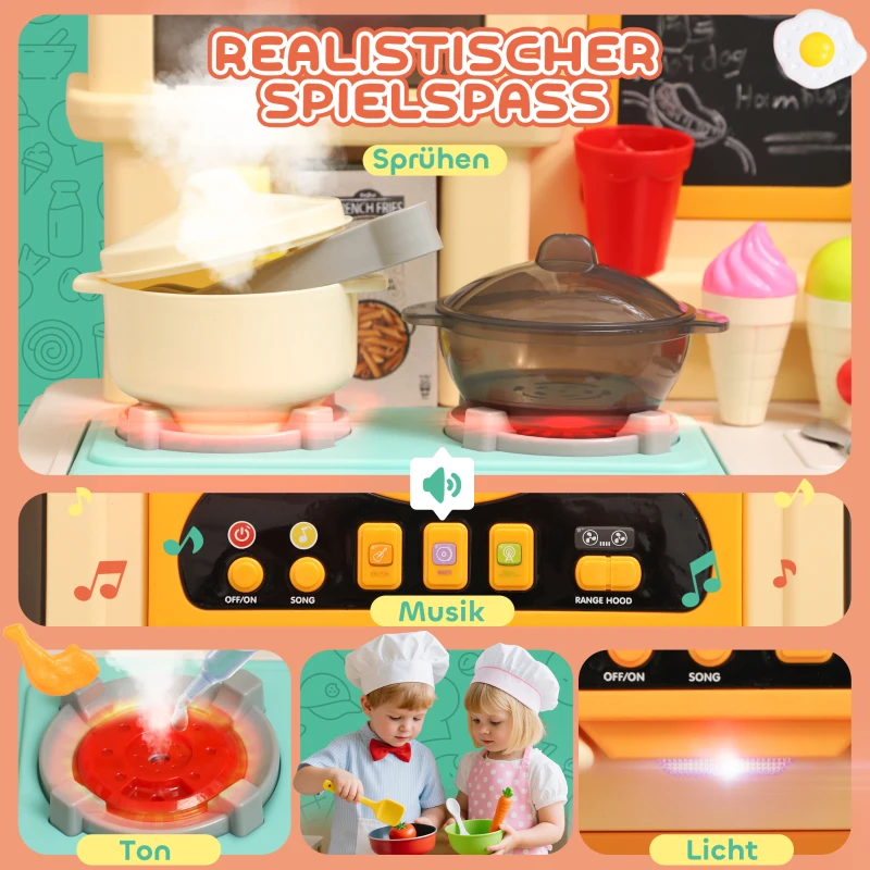 AIYAPLAY Speelkeuken met stromend water, 85-delig accessoireset, elektrische kraan, verlichting, geluiden, voor kinderen van 3-6 jaar