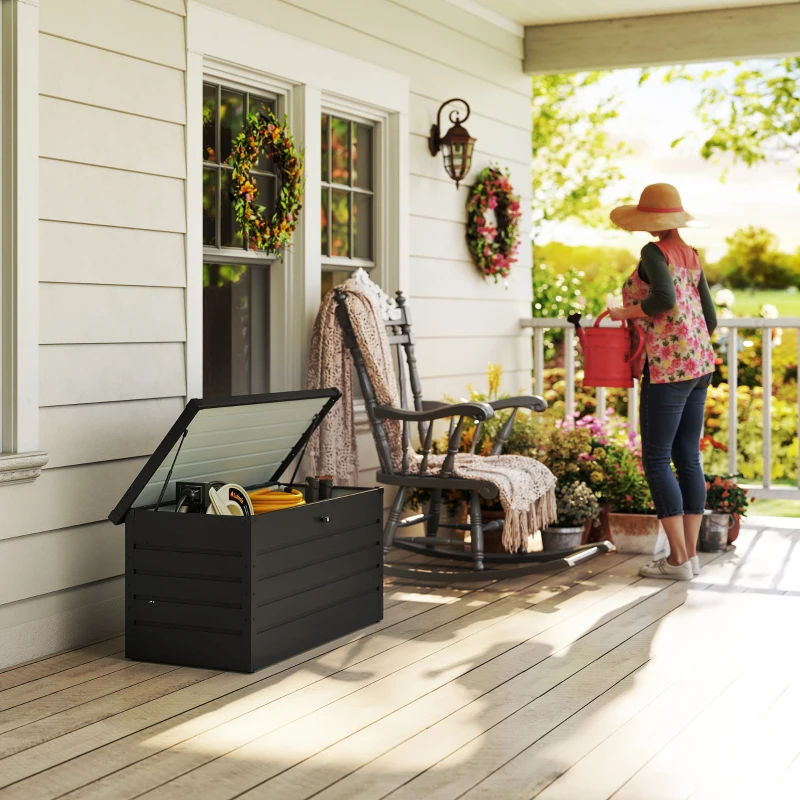 Outsunny Baú de Arrumação Exterior Capacidade 311L  de Aço com Fechadura Chave Pistões Pneumáticos 120x62x62 cm Cinza Escuro