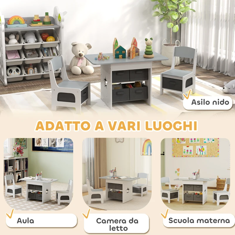 AIYAPLAY Set Tavolo e Sedie per Bambini 3-8 Anni con 6 Cassetti e Bordi Arrotondati, in Legno e Tessuto, Grigio e Bianco