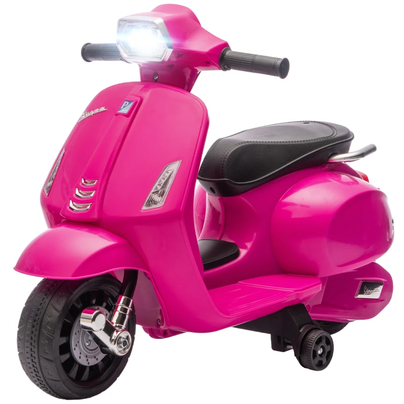 AIYAPLAY Mota Elétrica para Crianças 6V com Licença Vespa Rodas Auxiliares Velocidade de 2,5km/h Farol e Buzina 71x37x52 cm Rosa