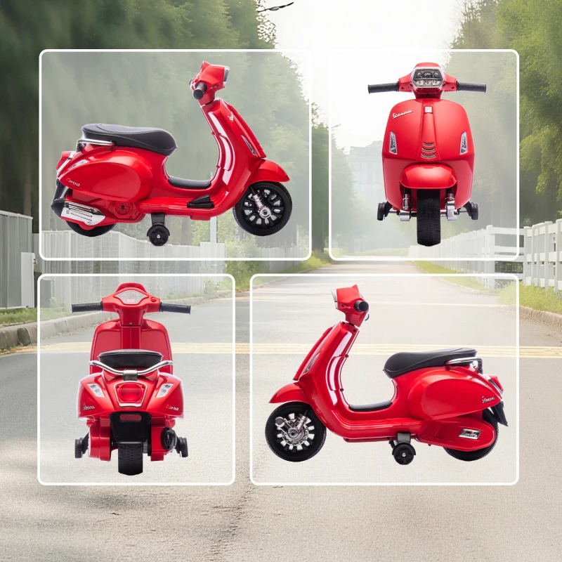 AIYAPLAY Mota Elétrica para Crianças 6V com Licença Vespa Rodas Auxiliares Velocidade de 2,5km/h Farol e Buzina 71x37x52 cm Vermelho