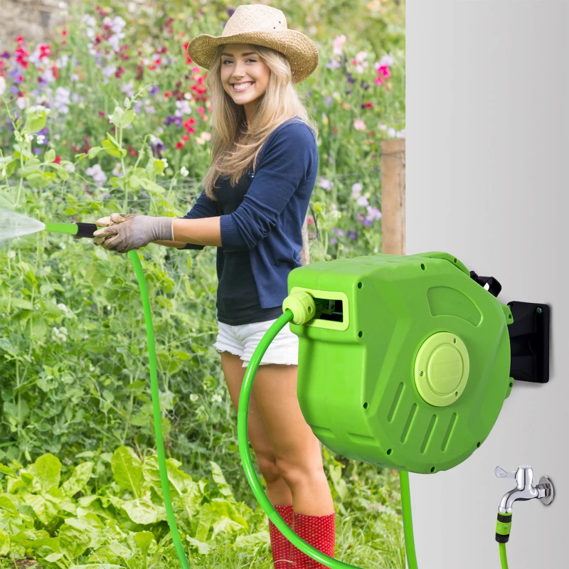 Outsunny slanghaspel automatisch 15 m slangoproller zwenkbaar perslucht tuin groen