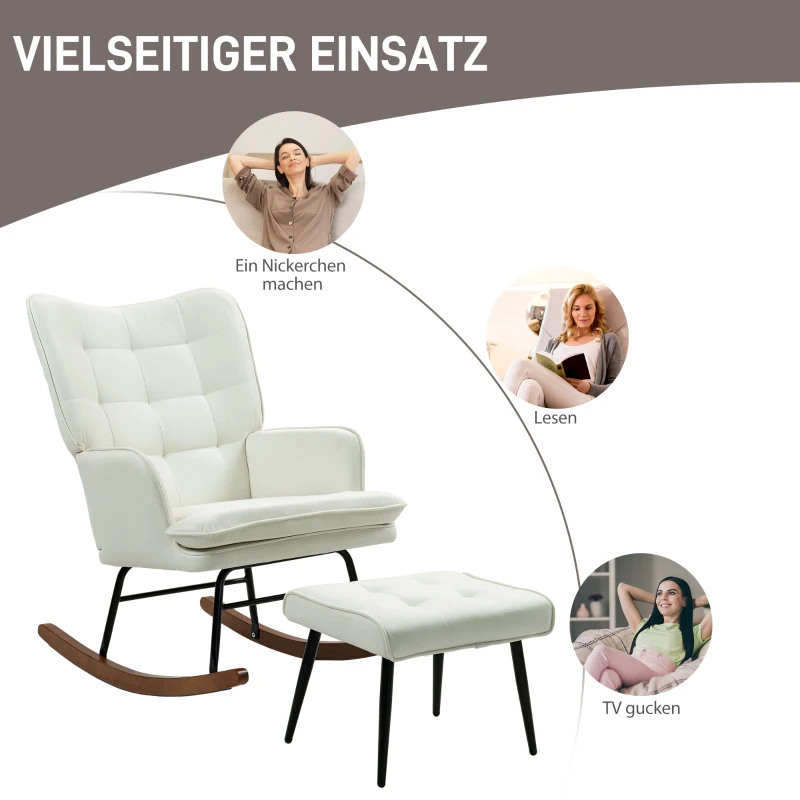 HOMCOM Schaukelstuhl mit Hocker, sanftes Schaukelsystem, Leinenimitat, 64 x 89 x 90 cm, Cremeweiß