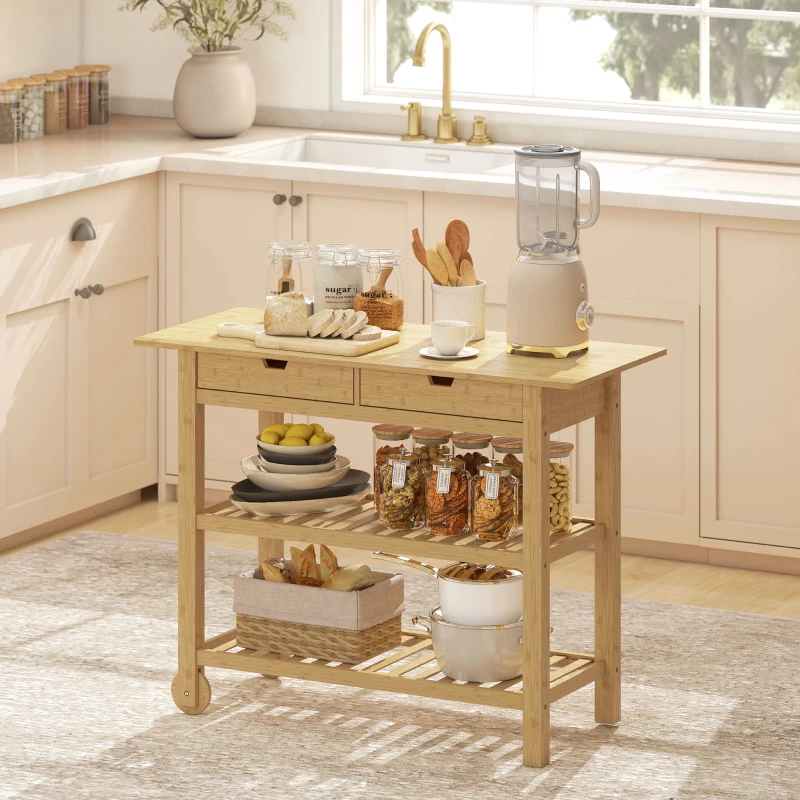 HOMCOM Carrello Cucina in Legno di Bambù con 2 Cassetti, 2 Ripiani a Doghe e 2 Rotelle, 100x43x75 cm, Legno