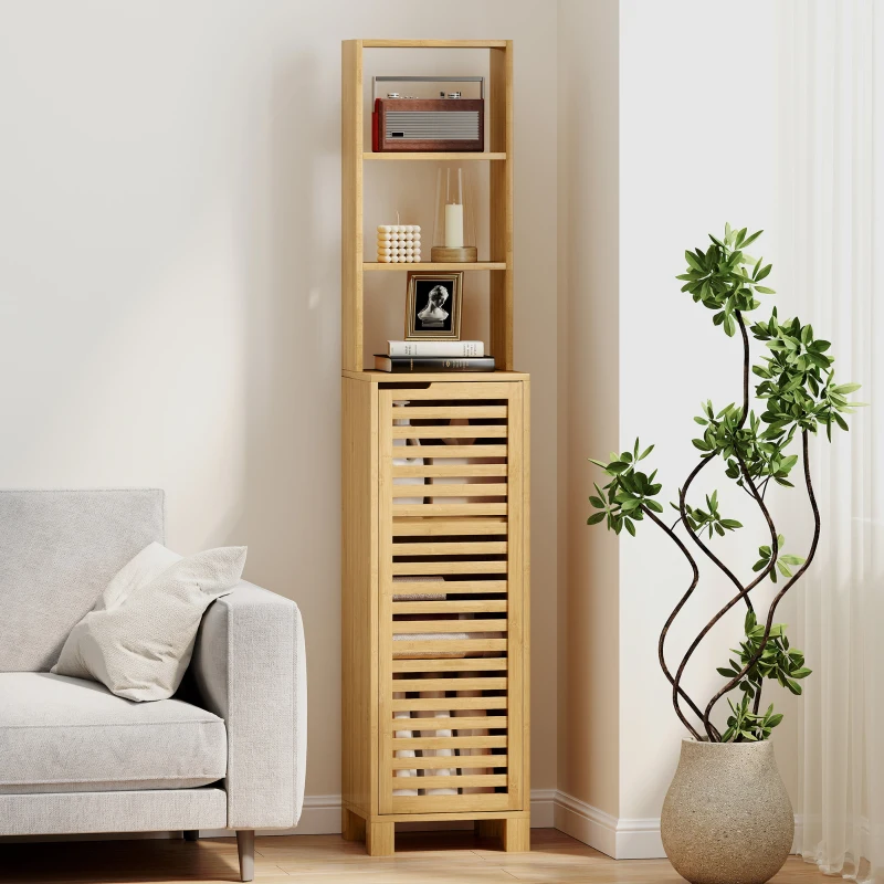 HOMCOM Badezimmerschrank schmal, Hochschrank mit 3 offenen Regalen, verstellbaren Regalen, Lamellentür, 34 x 30 x 170 cm Natur